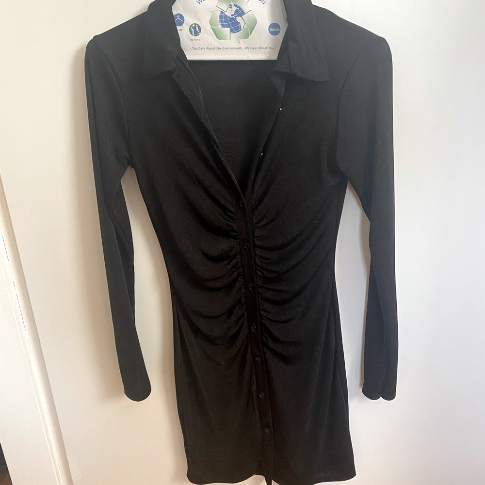 Long Sleeve Black Rouch Dress